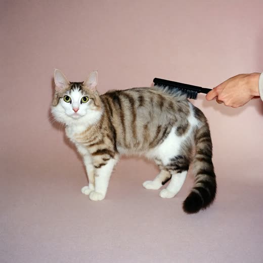 A cat being brushed, loose fur lifting from its coat